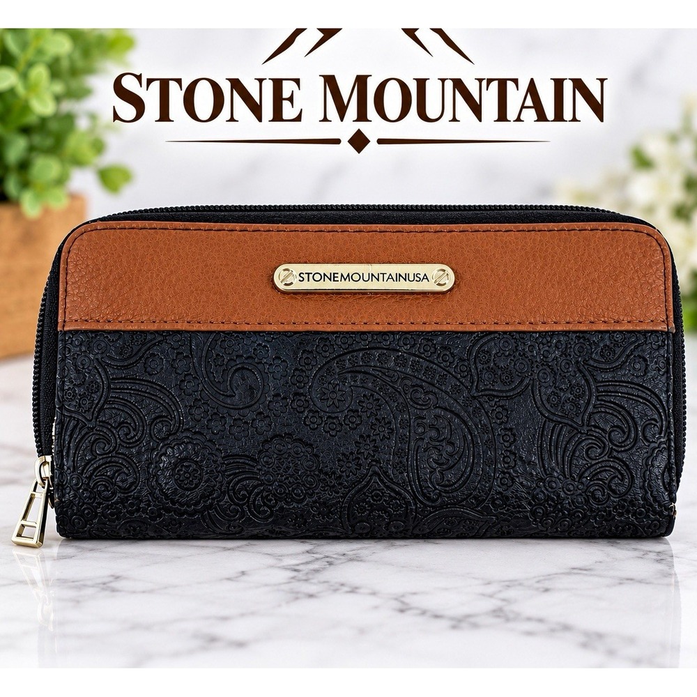 Stone Mountain Double Zip Around Wallet Black Brown Embossed Paisley Organizer